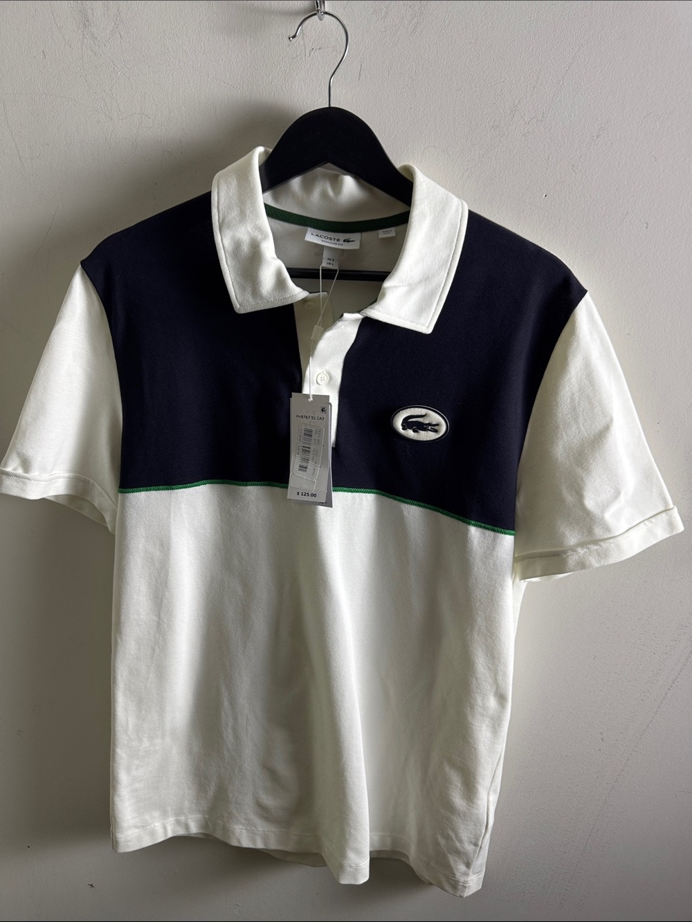 Lacoste White & Navy Colorblock Polo with Green Trim
